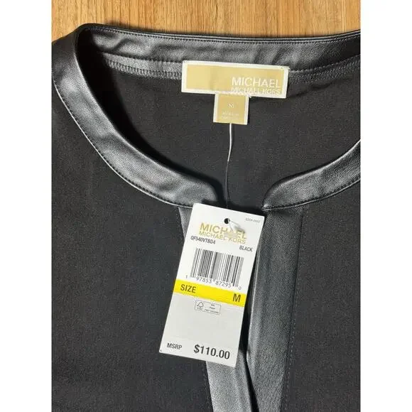 Michael Kors Black Blouse Faux Leather Neckline & Button Cuffs - Women's M - Picture 6 of 7